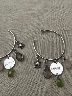 Sterling Silver 925 Hoop Earrings w Multi Gemstone Charms Pink Green Drop